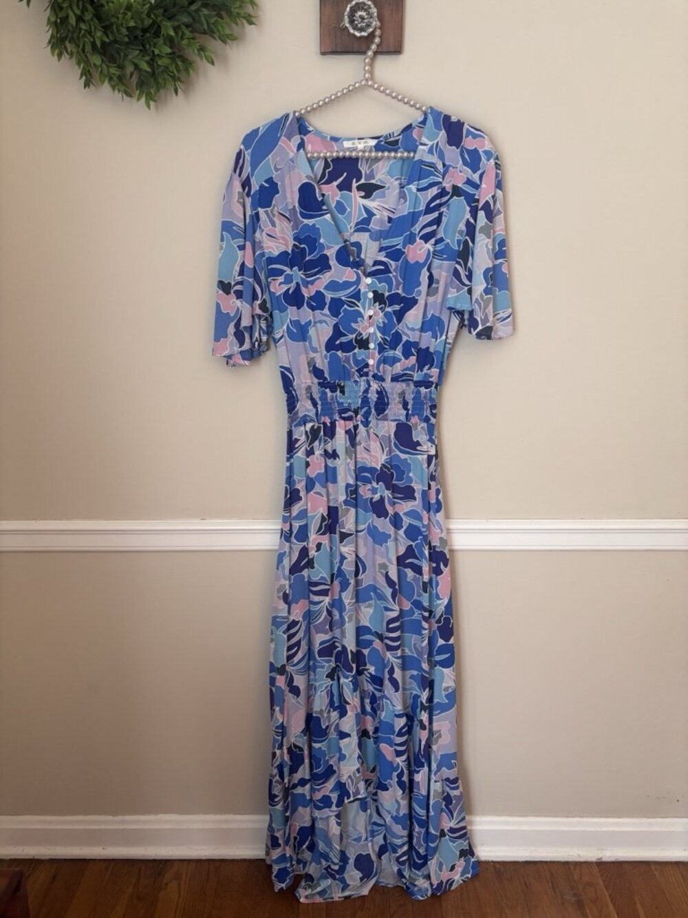 Abel The Label Size Large Blue Floral Maxi Dress Short Sleeve Smock Waist